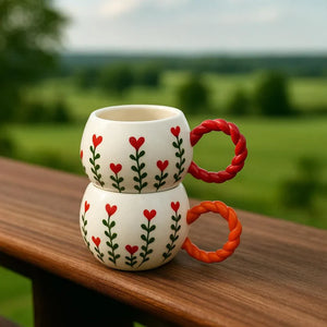 Handmade Floral Ceramic Mugs with Bubble Handle Set of 2 - Shop for Stylish Use handmade floral ceramic mugs bubble