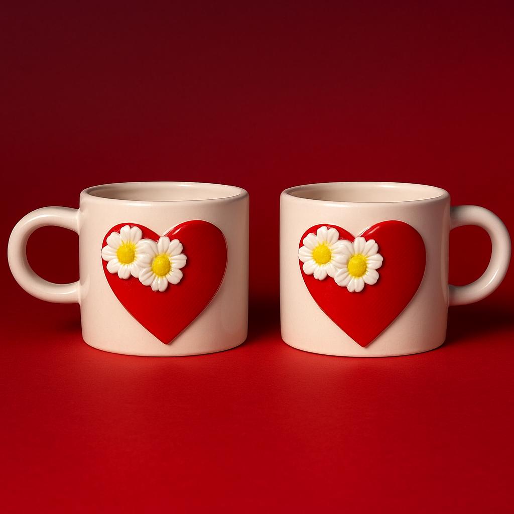 Handmade Floral Heart Mugs Set of 2 for Romantic Coffee and Tea Enjoyment - Teleplus handmade floral heart mugs