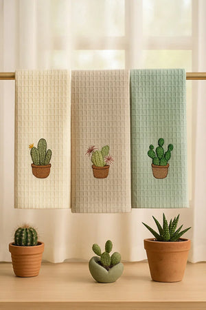 Embroidered Kitchen Towel Cactus Design Dish Drying Cloth 40 x 60 cm Cotton Tea Towel