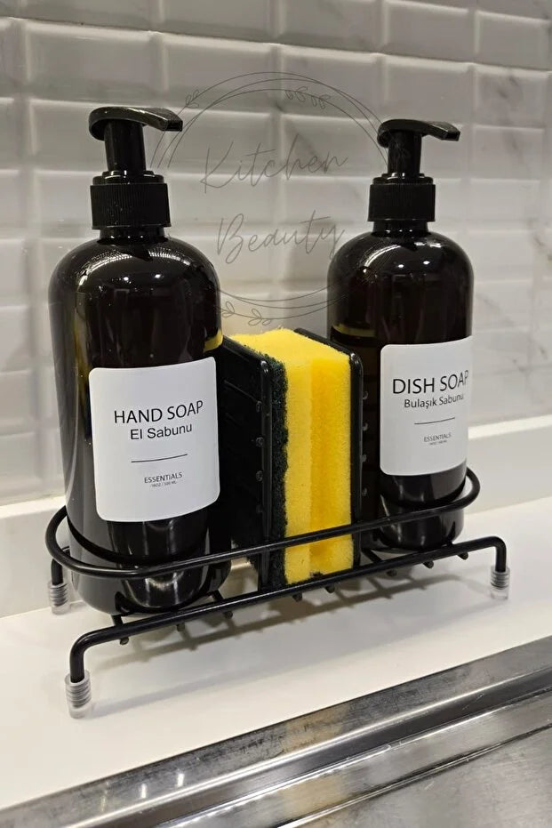 2-Piece Dish Soap Dispenser Set with Metal Stand Kitchen Bathroom Countertop Soap and Sponge Holder