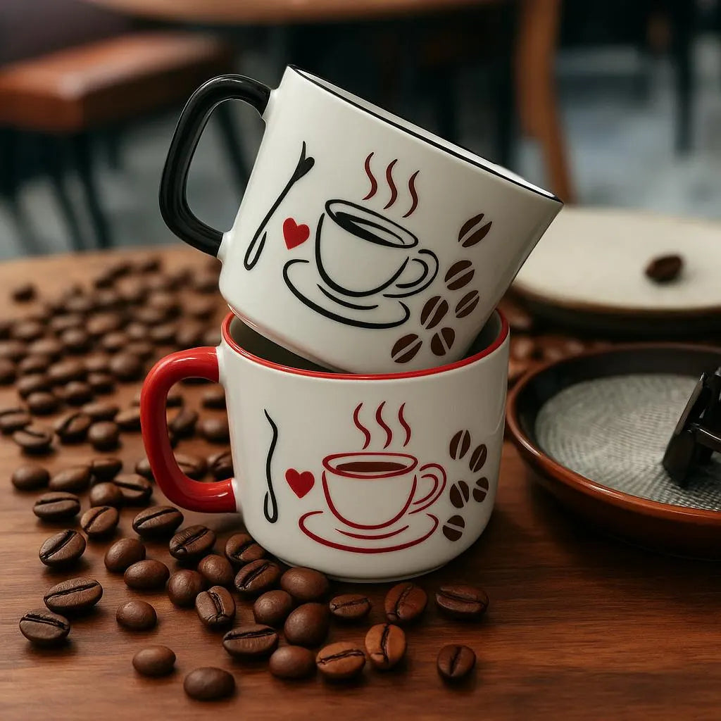 Set of 2 Handmade Ceramic Mugs with Coffee-Themed Hand-Painted Designs - handmade ceramic mugs coffee-themed designs