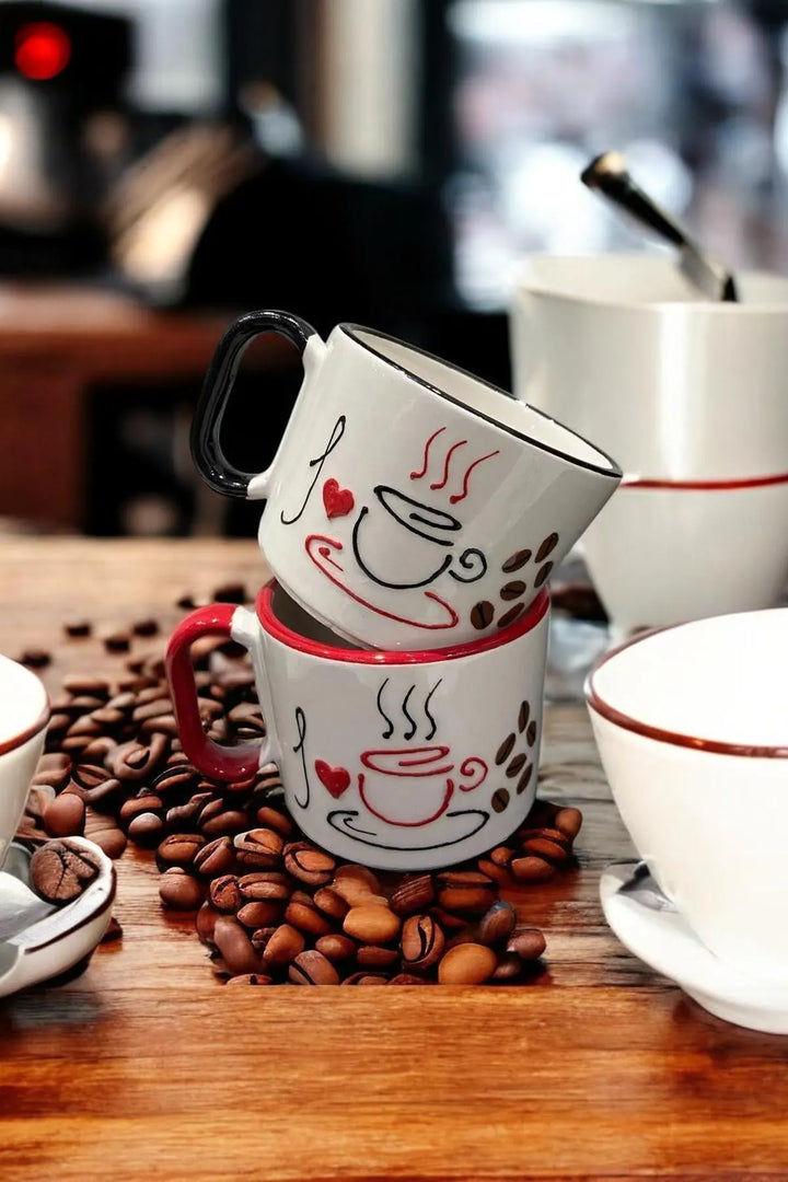 Set of 2 Handmade Ceramic Mugs with Coffee-Themed Hand-Painted Designs - handmade ceramic mugs coffee-themed designs