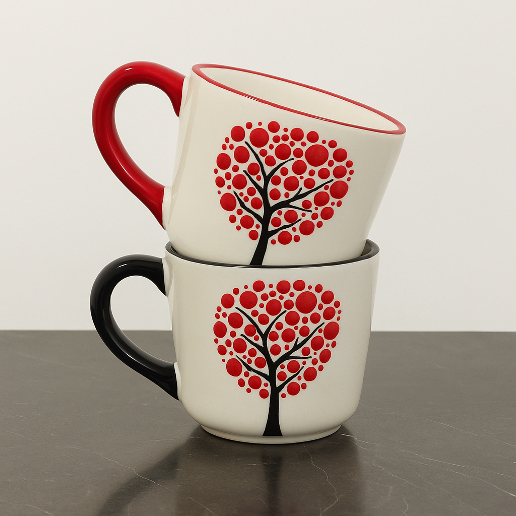 Set of 2 Handmade Ceramic Mugs with Embossed Tree and Heart Design - handmade ceramic mugs embossed tree design