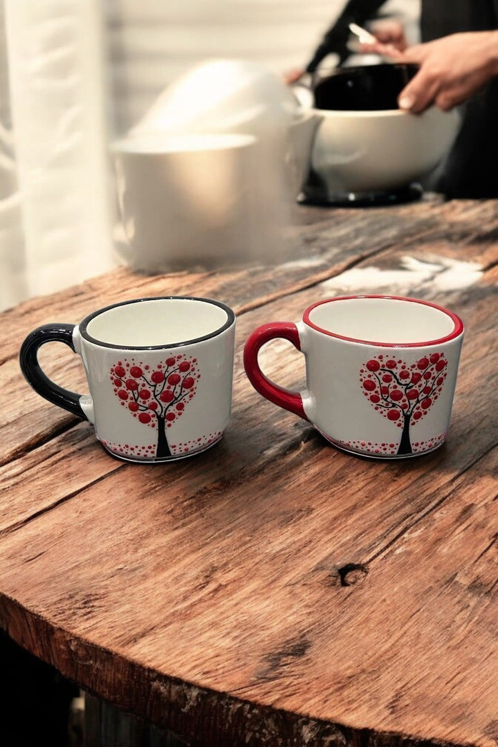 Set of 2 Handmade Ceramic Mugs with Embossed Tree and Heart Design - handmade ceramic mugs embossed tree design