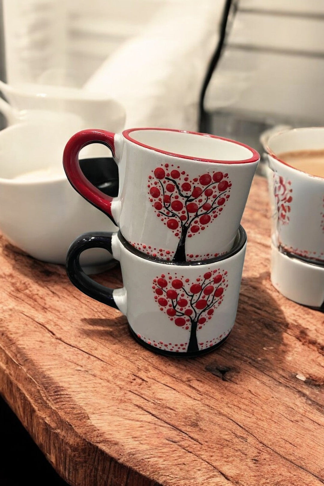 Set of 2 Handmade Ceramic Mugs with Embossed Tree and Heart Design - handmade ceramic mugs embossed tree design