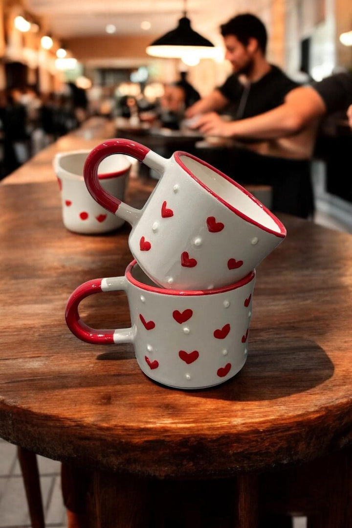 Set of 2 Handmade Ceramic Mugs with Heart and Polka Dot Patterns - Dots handmade ceramic mugs polka dot patterns
