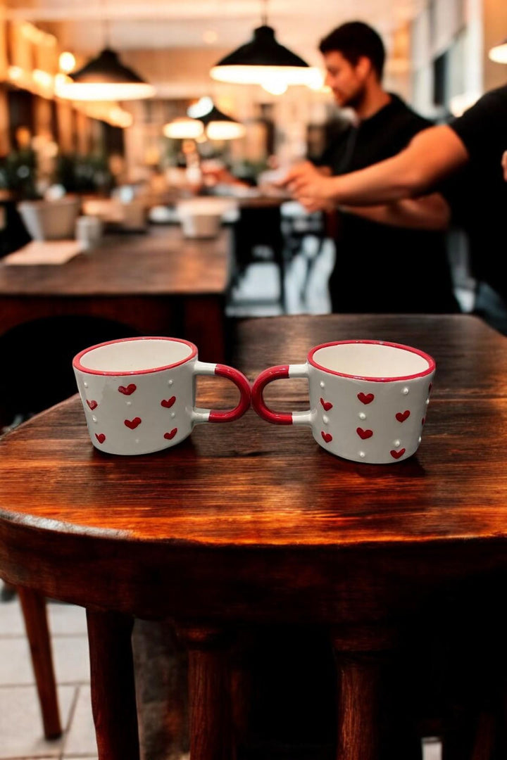 Set of 2 Handmade Ceramic Mugs with Heart and Polka Dot Patterns - Dots handmade ceramic mugs polka dot patterns