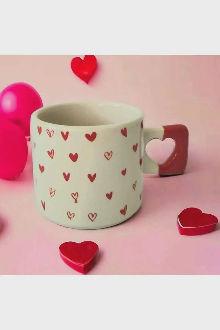 Set of 2 Handmade Ceramic Mugs with Red Heart Patterns for Valentine’s Day - handmade ceramic mugs red heart patterns