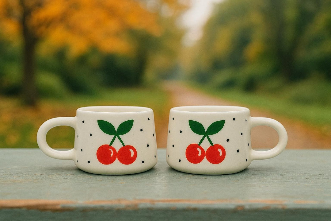 Set of 2 Handmade Cherry Mugs with Design for Your Kitchen - handmade cherry mugs ceramic design