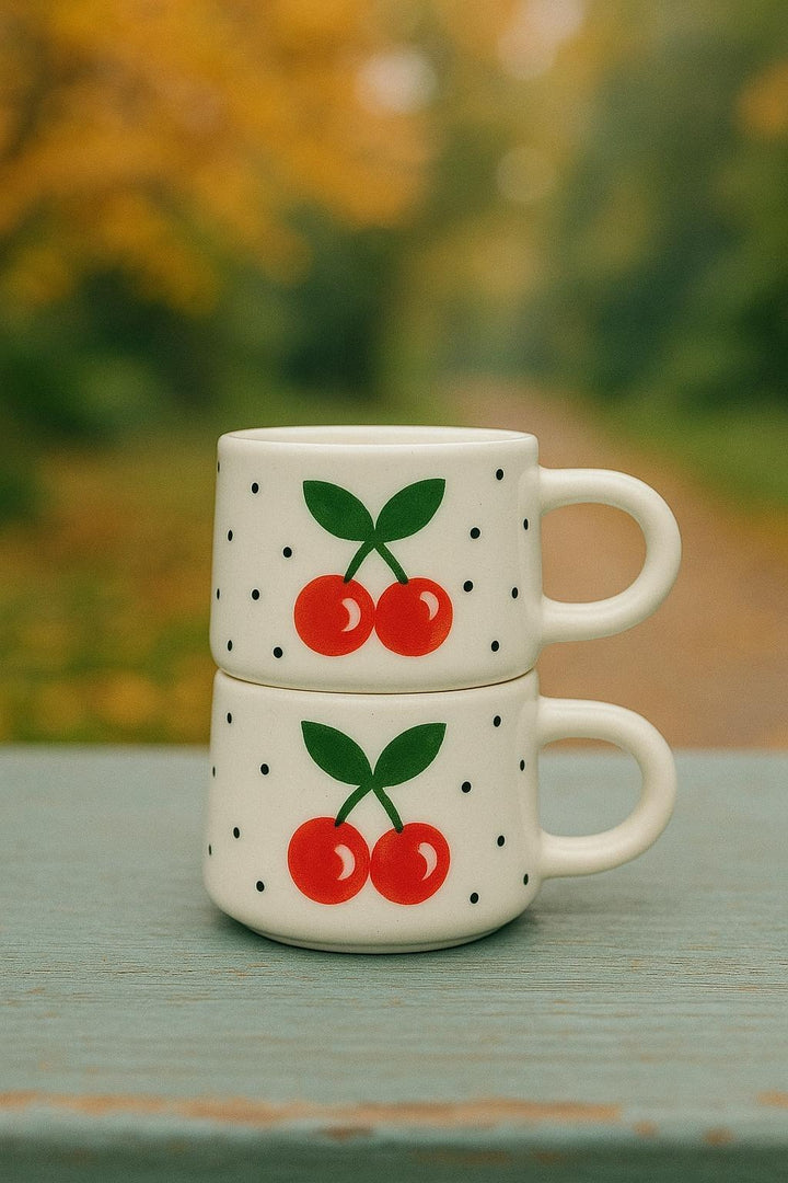 Set of 2 Handmade Cherry Mugs with Design for Your Kitchen - handmade cherry mugs ceramic design