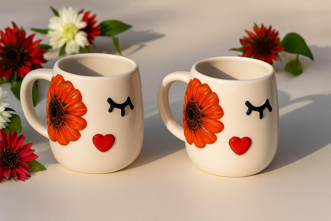 Set of 2 Handmade Embossed Flower Face Mugs 400ml for Unique Coffee Experience - Teleplus embossed flower face handmade