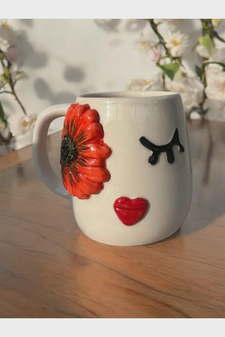Set of 2 Handmade Embossed Flower Face Mugs 400ml for Unique Coffee Experience - Teleplus embossed flower face handmade