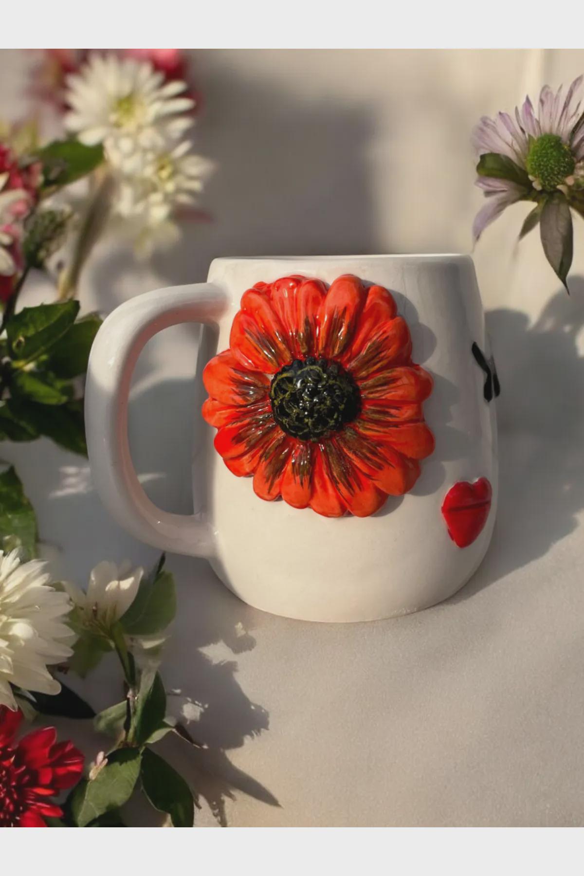 Set of 2 Handmade Embossed Flower Face Mugs 400ml for Unique Coffee Experience - Teleplus embossed flower face handmade