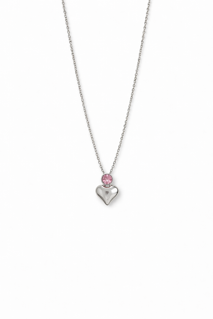 Stainless Steel Pink Stone Heart Necklace for Women